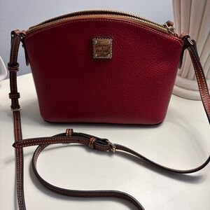 Dooney & Bourke Red Pebbled Leather Dome Crossbody with Brown Strap
